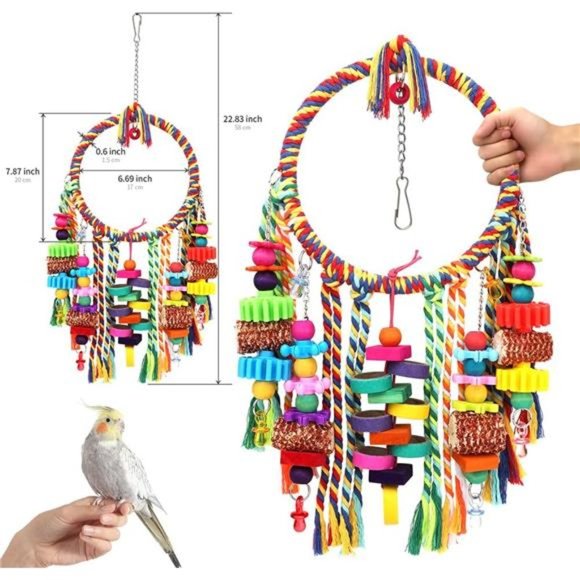 Bird Toys Bird RopeRing Swing Perch with Corn Cob Cardboard Bagels Wooden Blocks - Picture 5 of 6